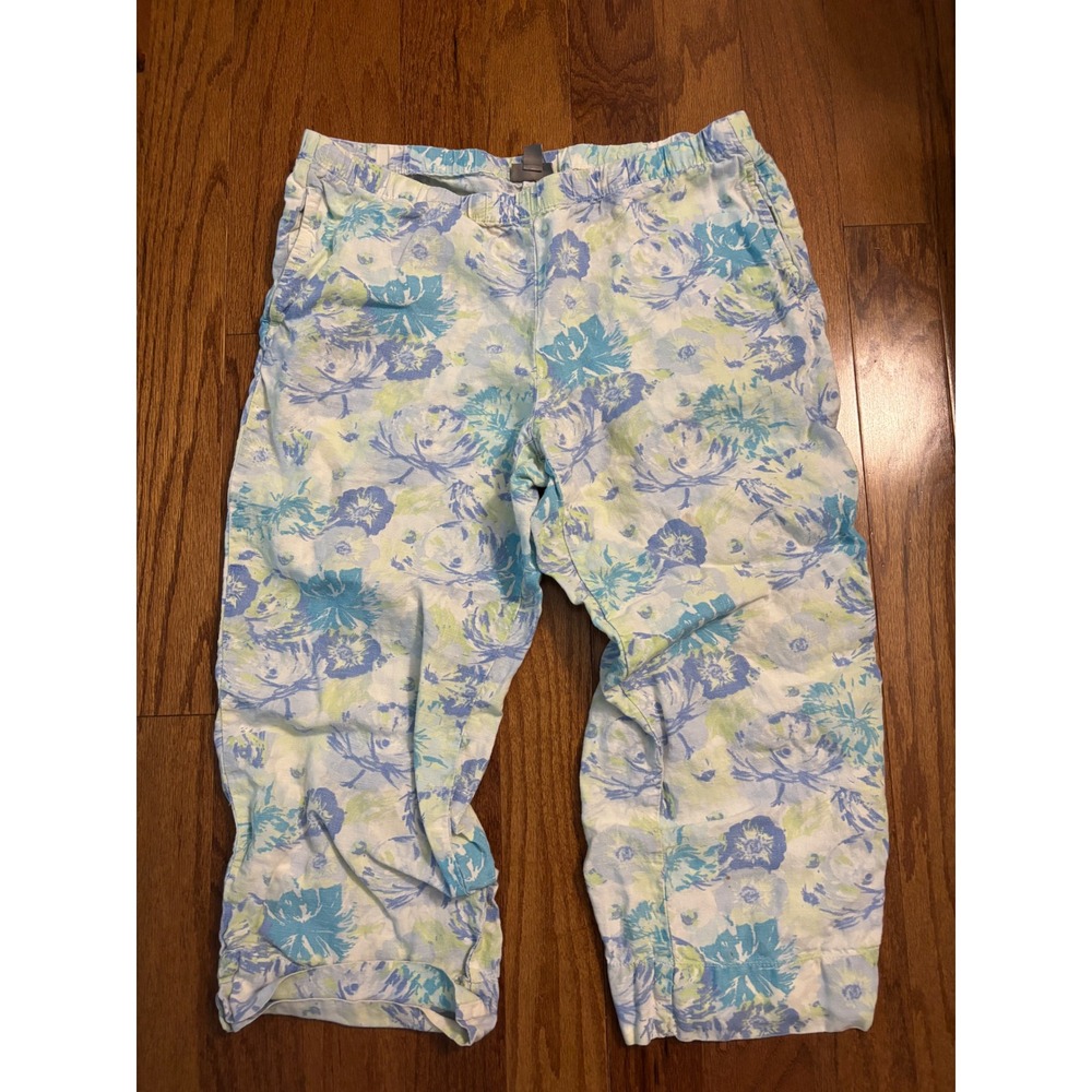 J Jill 100% Linen Blue and White Floral Pants Size Small Petite‎